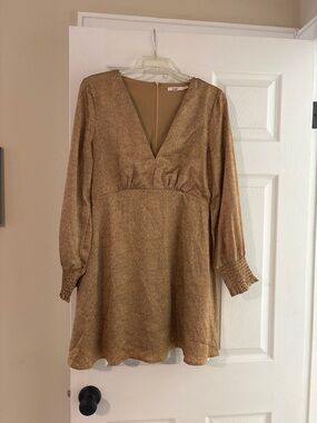 Francesca's Collections Camel Brown V-Neck Long Sleeve Mini Dress